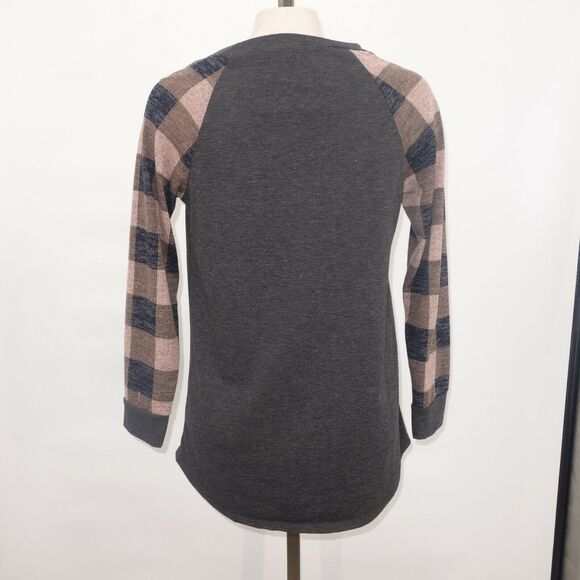 12PM by Mon Ami Gray Shirt  Green Pink Black Plaid Sleeves Women's Small 4/6 - Picture 5 of 8